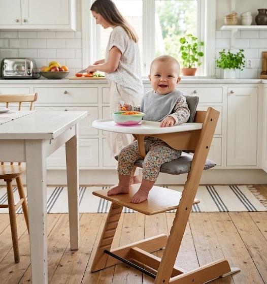 Bébé installé confortablement dans sa chaise haute pour ses premiers repas en famille — engagement qualité PtitGourmet