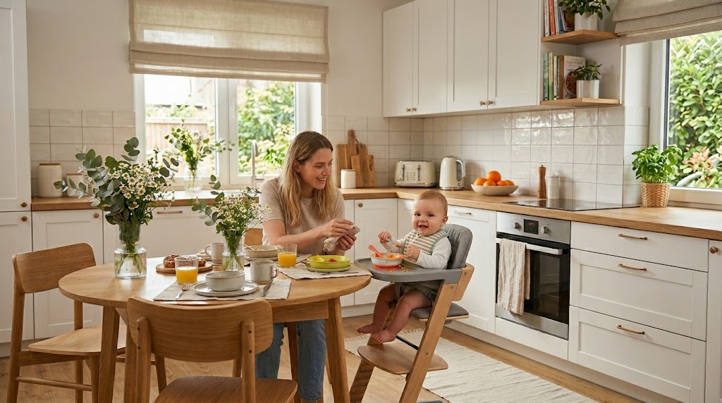 Maman et bébé à table lors du repas avec une chaise haute bébé en bois évolutive — PtitGourmet
