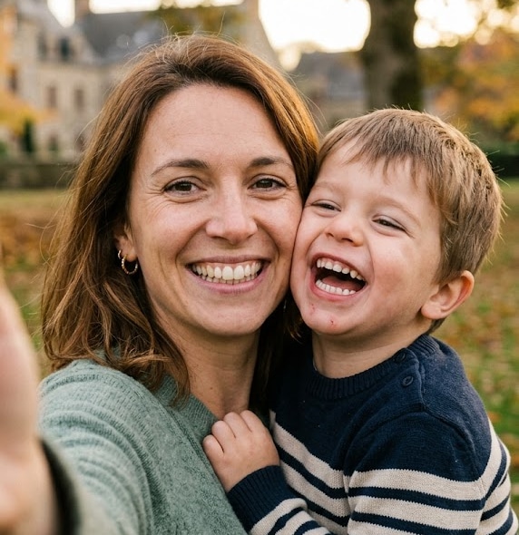 Maman souriante avec son bébé en chaise haute bébé lors du repas en famille — histoire de PtitGourmet